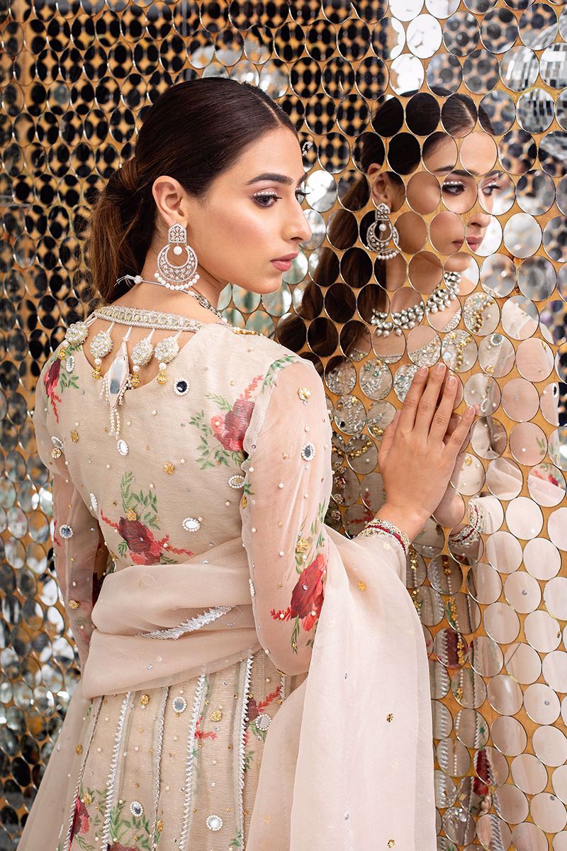 Pakistani Champagne Floral Raw Silk Kalidar (3-Piece) - Image 3