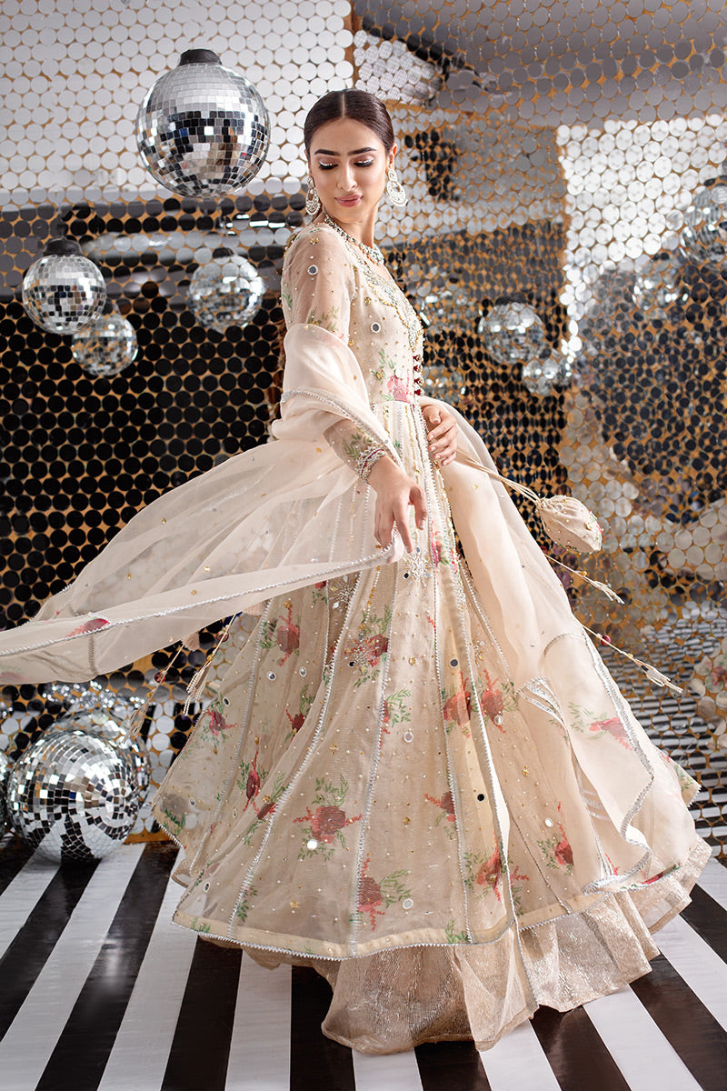 Pakistani Champagne Floral Raw Silk Kalidar (3-Piece) - Image 4