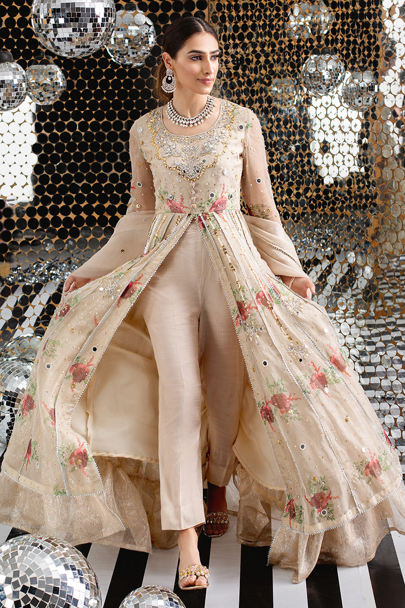 Pakistani Champagne Floral Raw Silk Kalidar (3-Piece) - Image 5