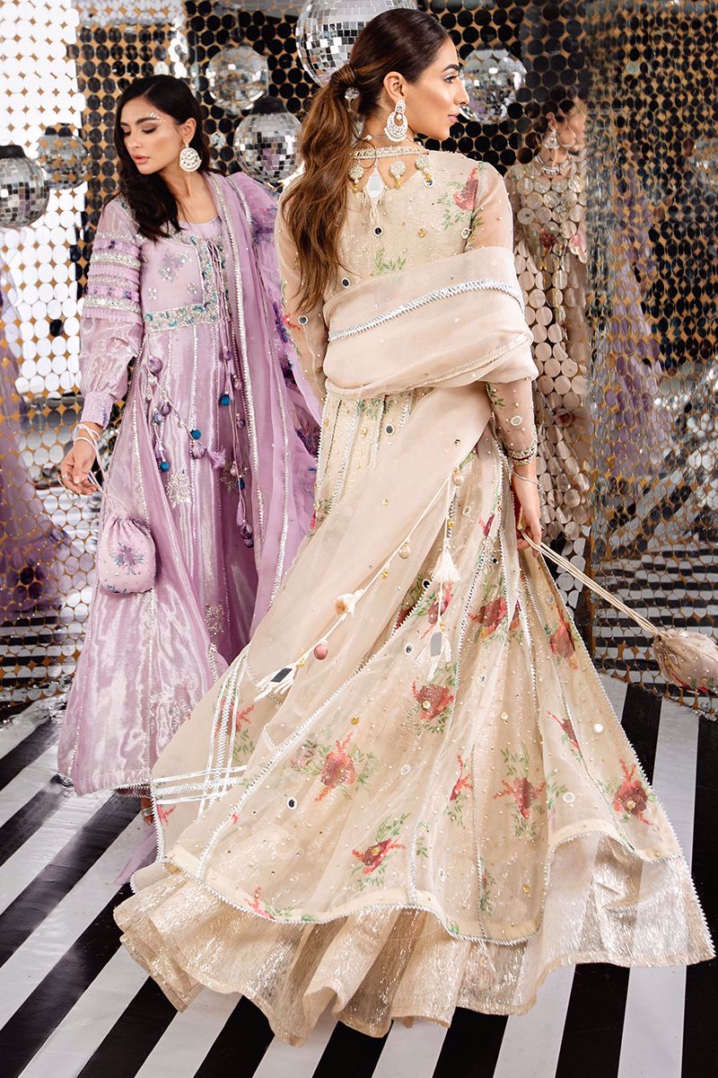 Pakistani Champagne Floral Raw Silk Kalidar (3-Piece) - Image 6