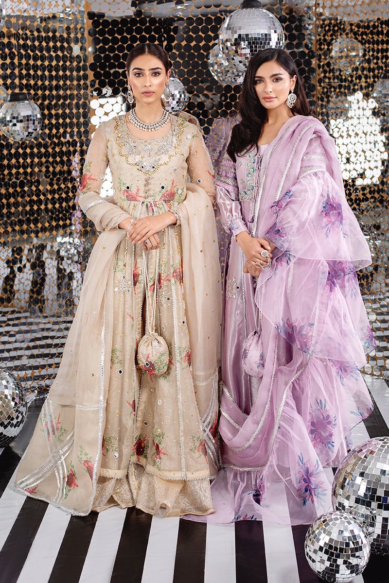 Pakistani Champagne Floral Raw Silk Kalidar (3-Piece) - Image 7