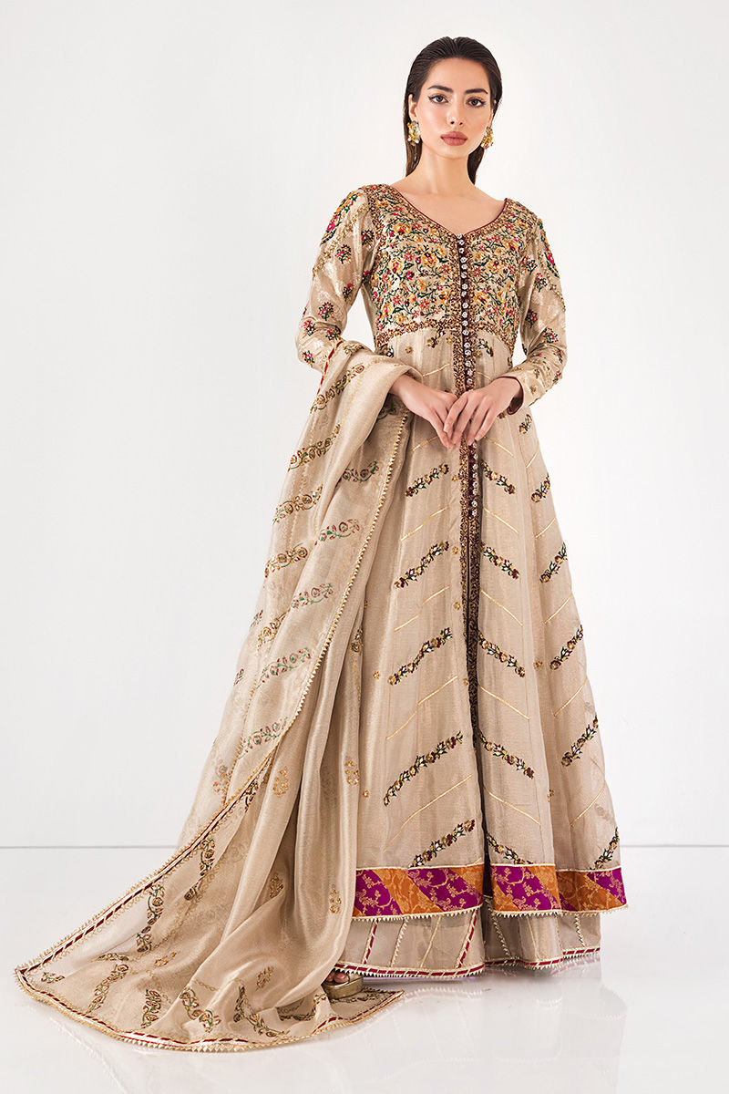 Pakistani Champagne Zardozi & Mirror Silk-Blend Kalidar (3-Piece) - Image 1