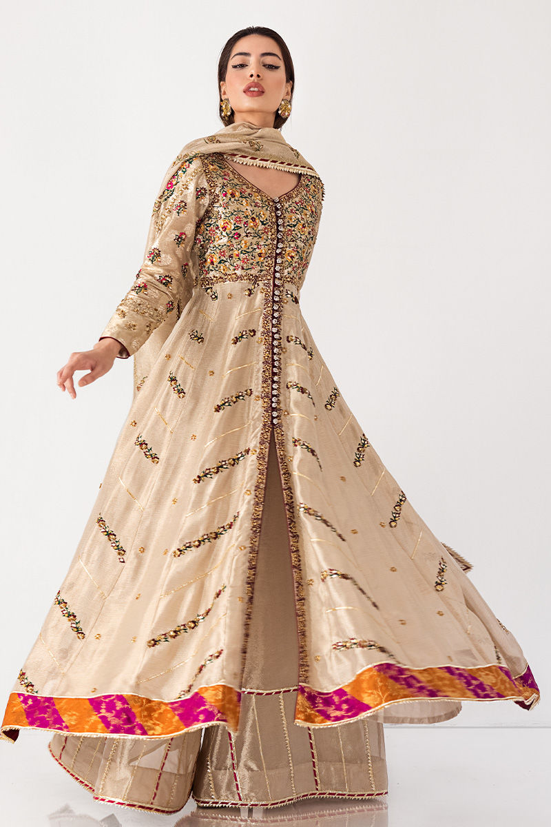 Pakistani Champagne Zardozi & Mirror Silk-Blend Kalidar (3-Piece) - Image 2