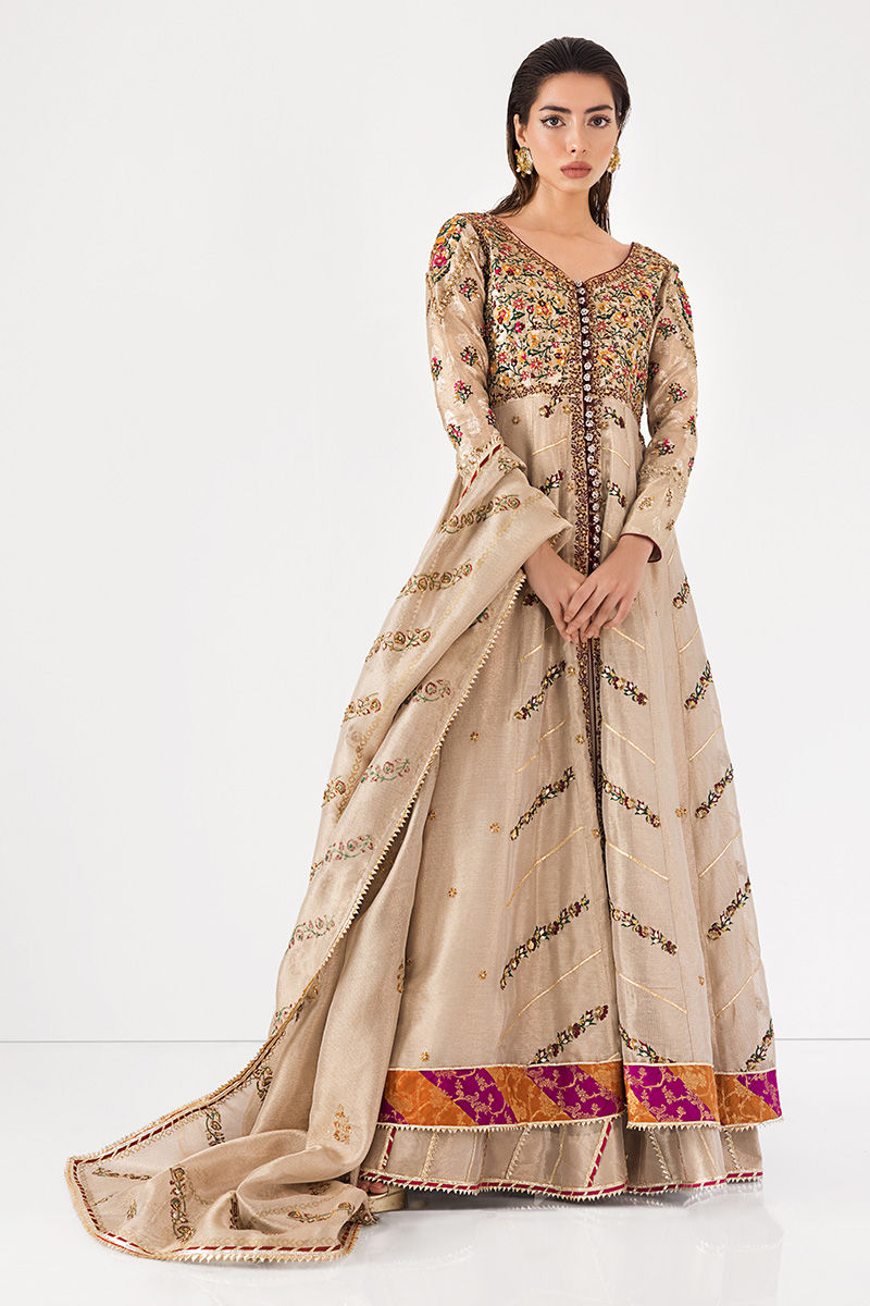 Pakistani Champagne Zardozi & Mirror Silk-Blend Kalidar (3-Piece) - Image 3