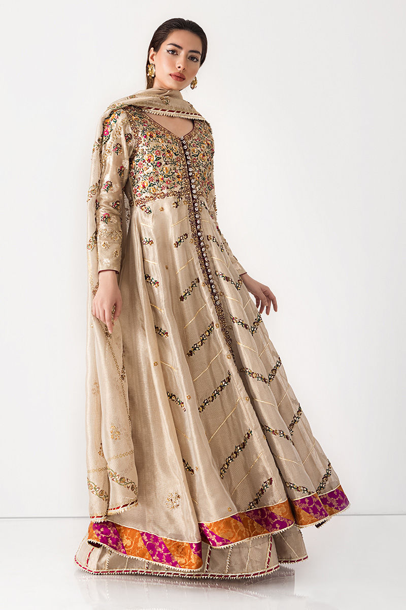 Pakistani Champagne Zardozi & Mirror Silk-Blend Kalidar (3-Piece) - Image 4