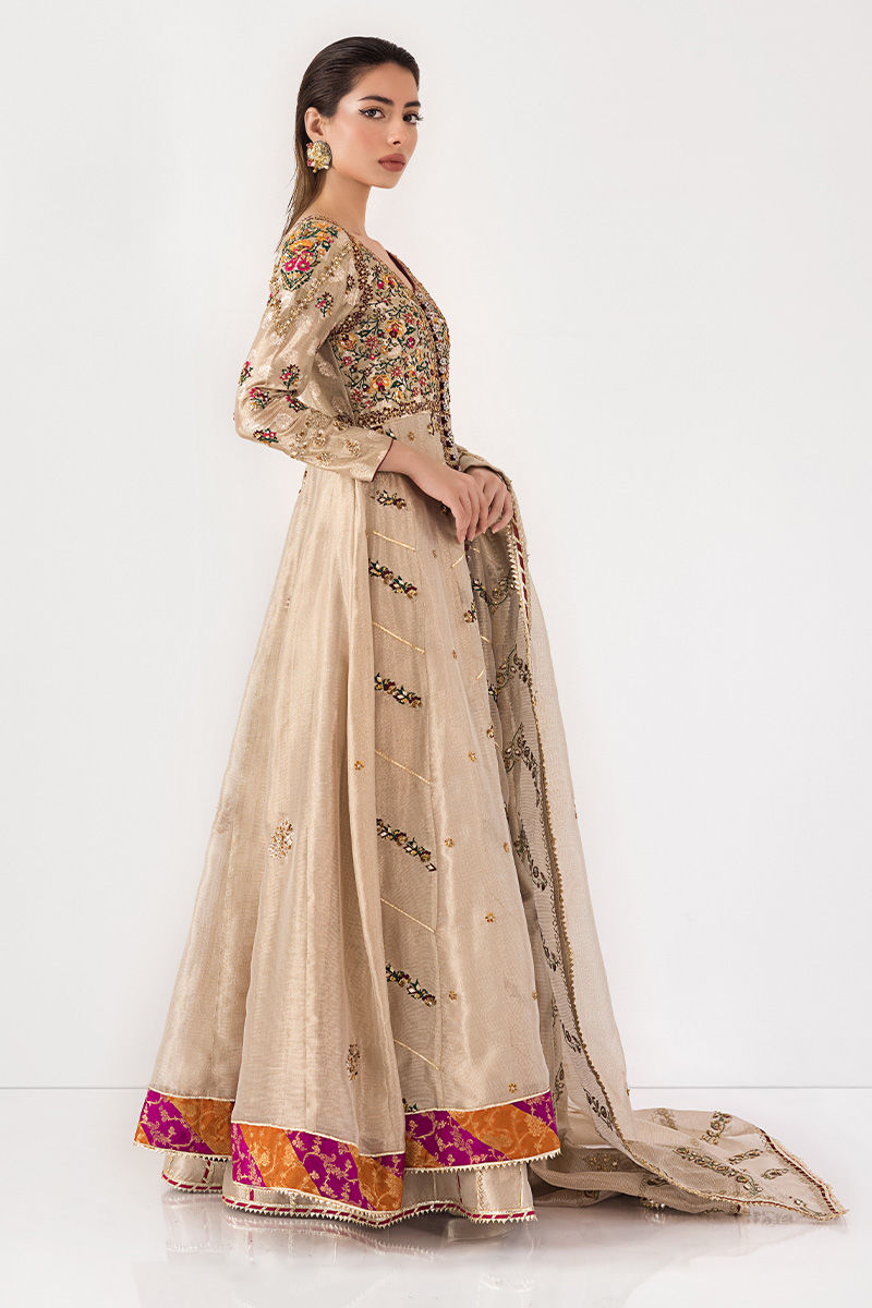 Pakistani Champagne Zardozi & Mirror Silk-Blend Kalidar (3-Piece) - Image 5