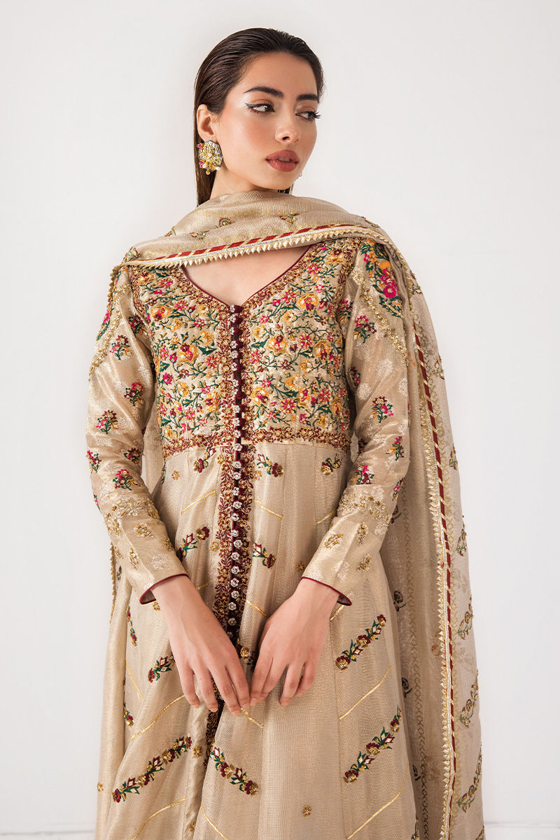 Pakistani Champagne Zardozi & Mirror Silk-Blend Kalidar (3-Piece) - Image 7