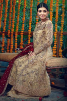 Pakistani Gold Embroidered Tissue Kalidaar Dress (3-Piece) - Image 3