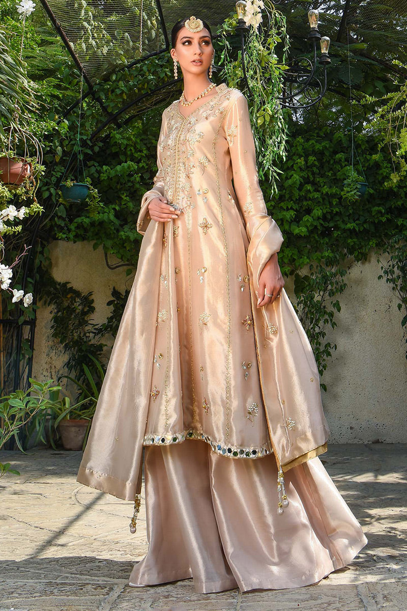 Pakistani Gold Zardozi Aari Mirror Work Tissue Kalidaar (3-Piece) - Image 1