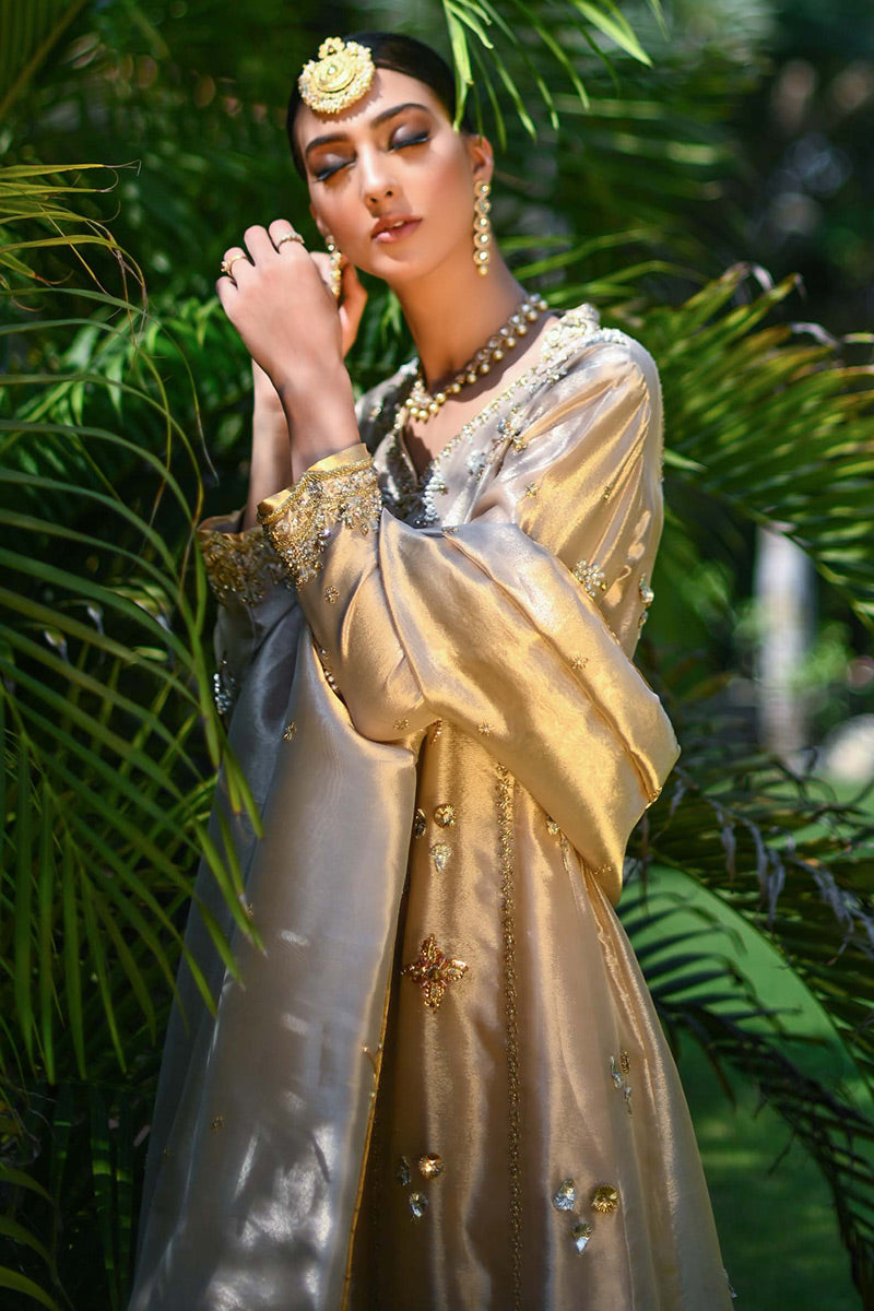 Pakistani Gold Zardozi Aari Mirror Work Tissue Kalidaar (3-Piece) - Image 3