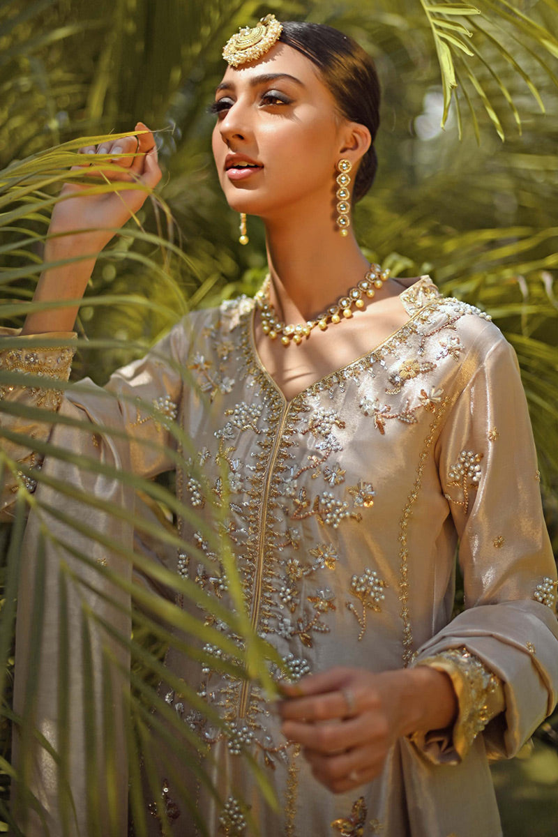 Pakistani Gold Zardozi Aari Mirror Work Tissue Kalidaar (3-Piece) - Image 4