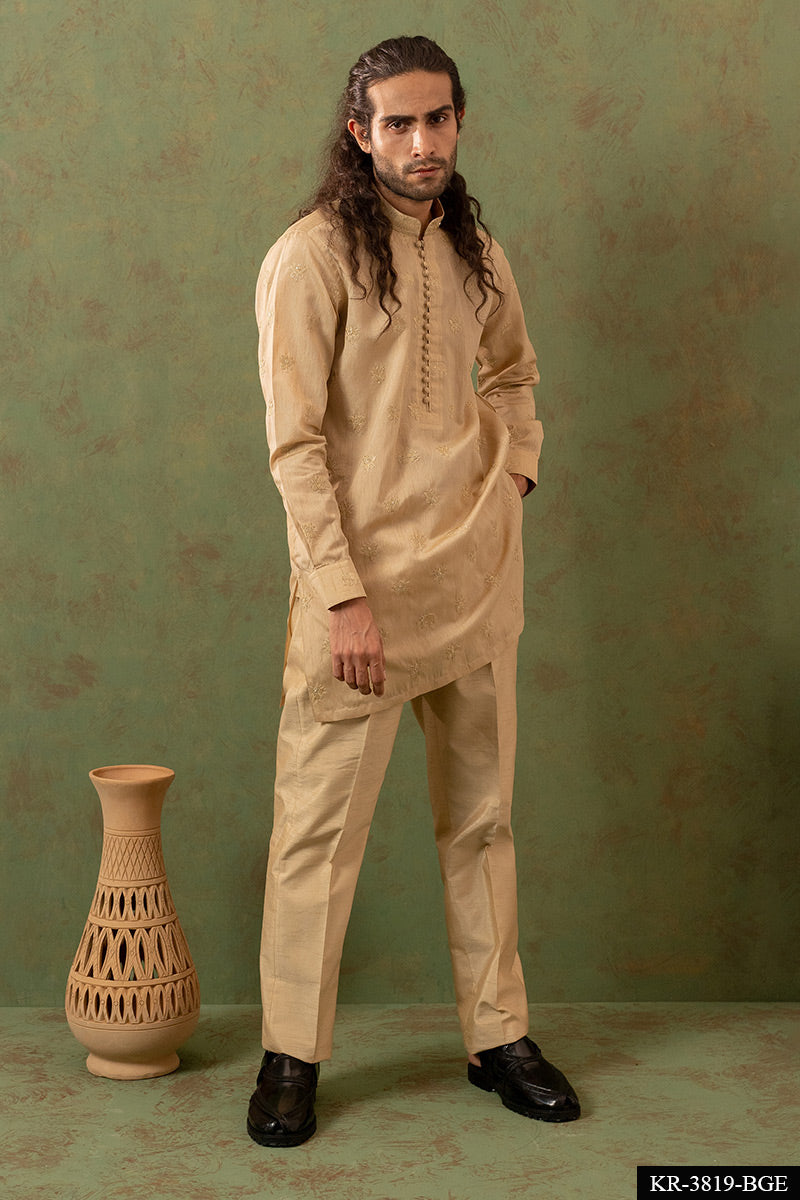 Golden Embroidered Brocade Kurta Set (2-Piece) - Image 1