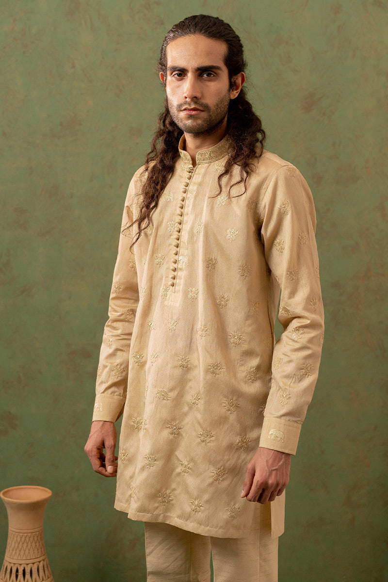 Golden Embroidered Brocade Kurta Set (2-Piece) - Image 2