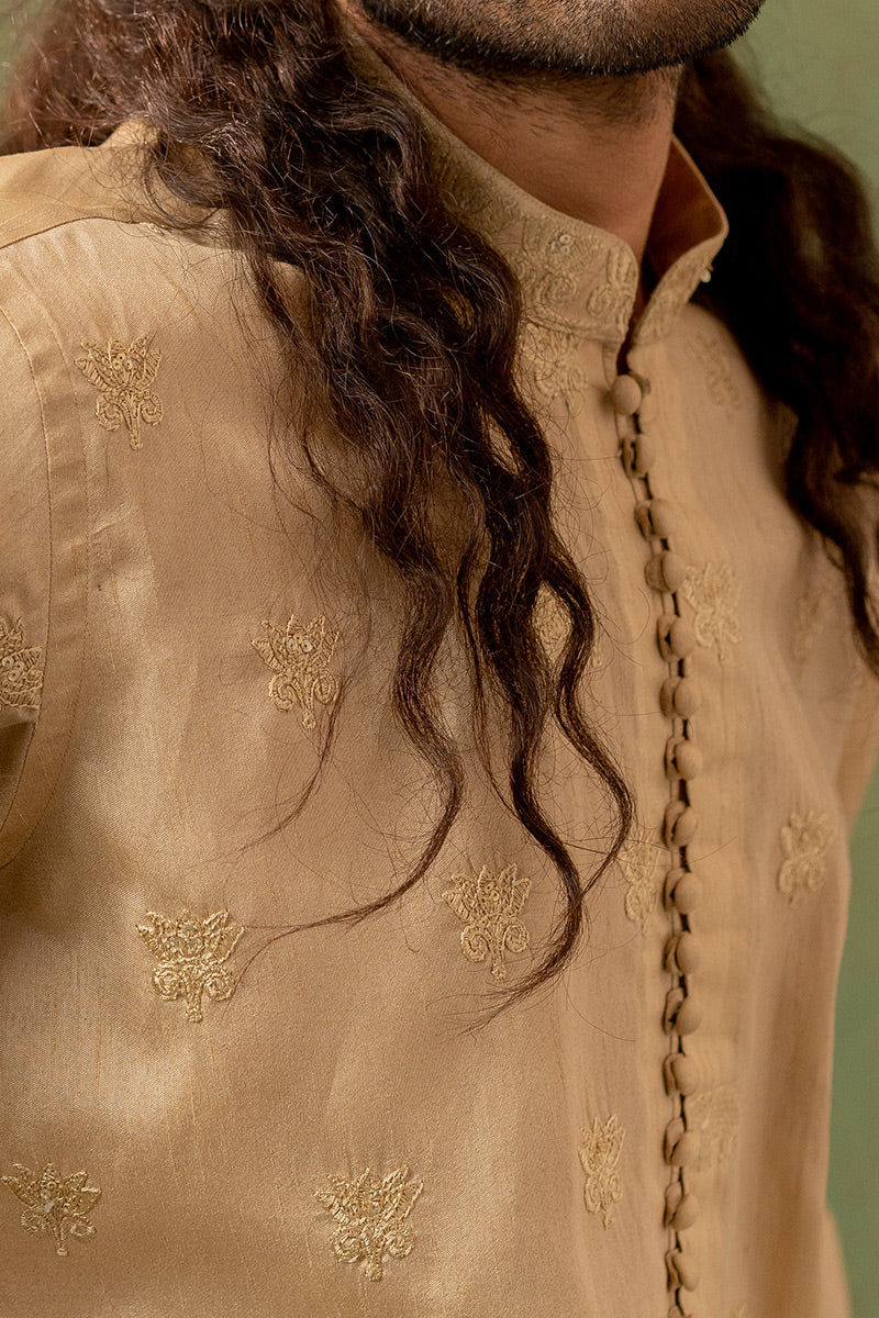 Golden Embroidered Brocade Kurta Set (2-Piece) - Image 3