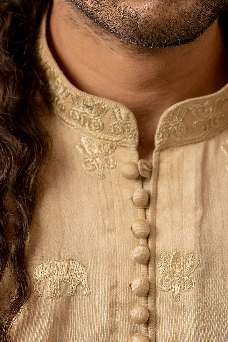 Golden Embroidered Brocade Kurta Set (2-Piece) - Image 4