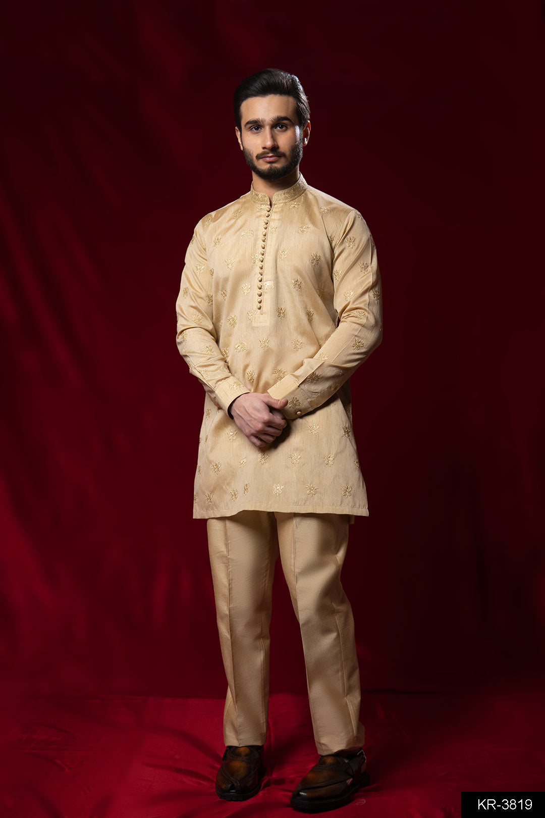 Golden Embroidered Brocade Kurta Set (2-Piece) - Image 5