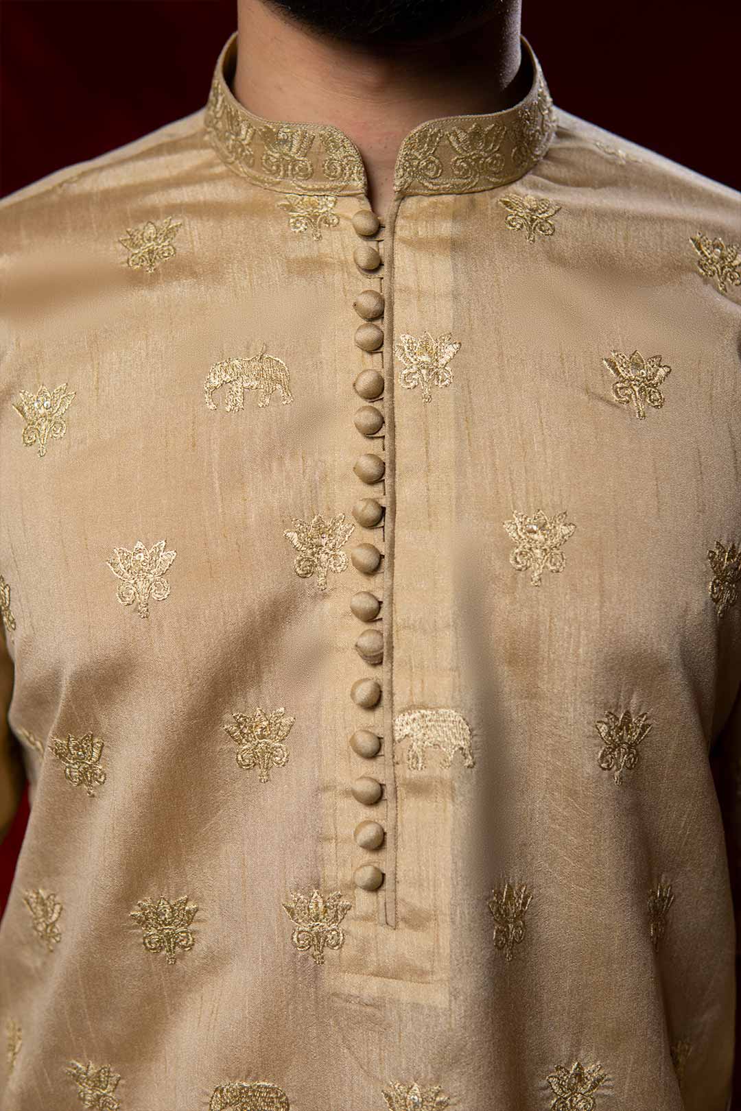 Golden Embroidered Brocade Kurta Set (2-Piece) - Image 6