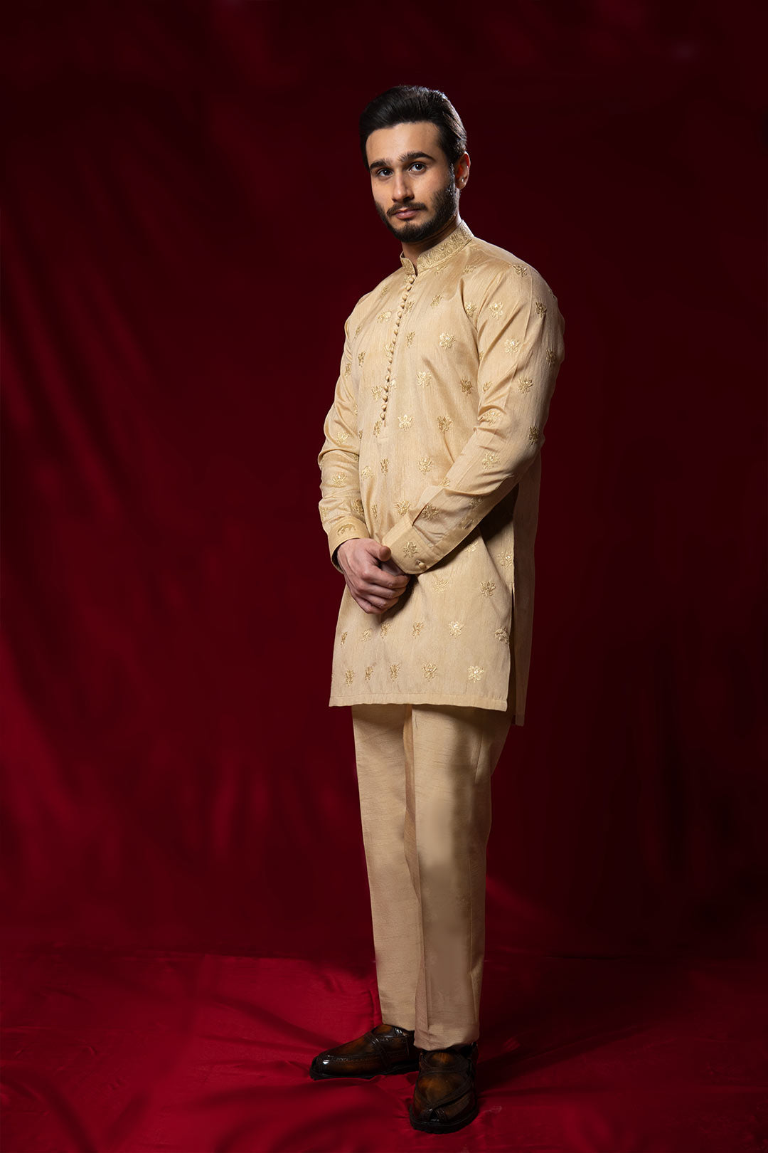 Golden Embroidered Brocade Kurta Set (2-Piece) - Image 7
