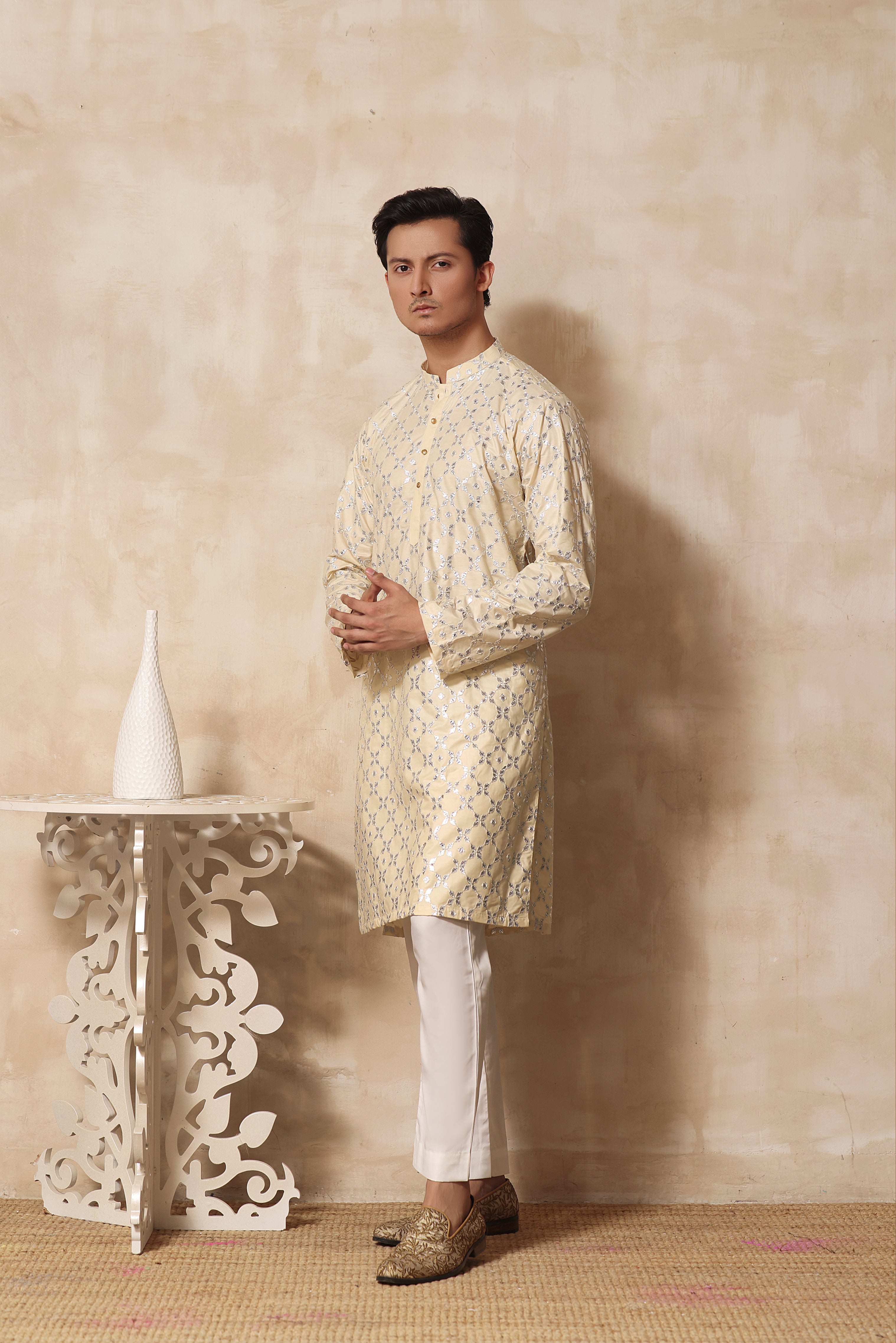 Light Gold Mirror Embroidered Cotton-Silk Kurta Pajama (2-Piece) - Image 1
