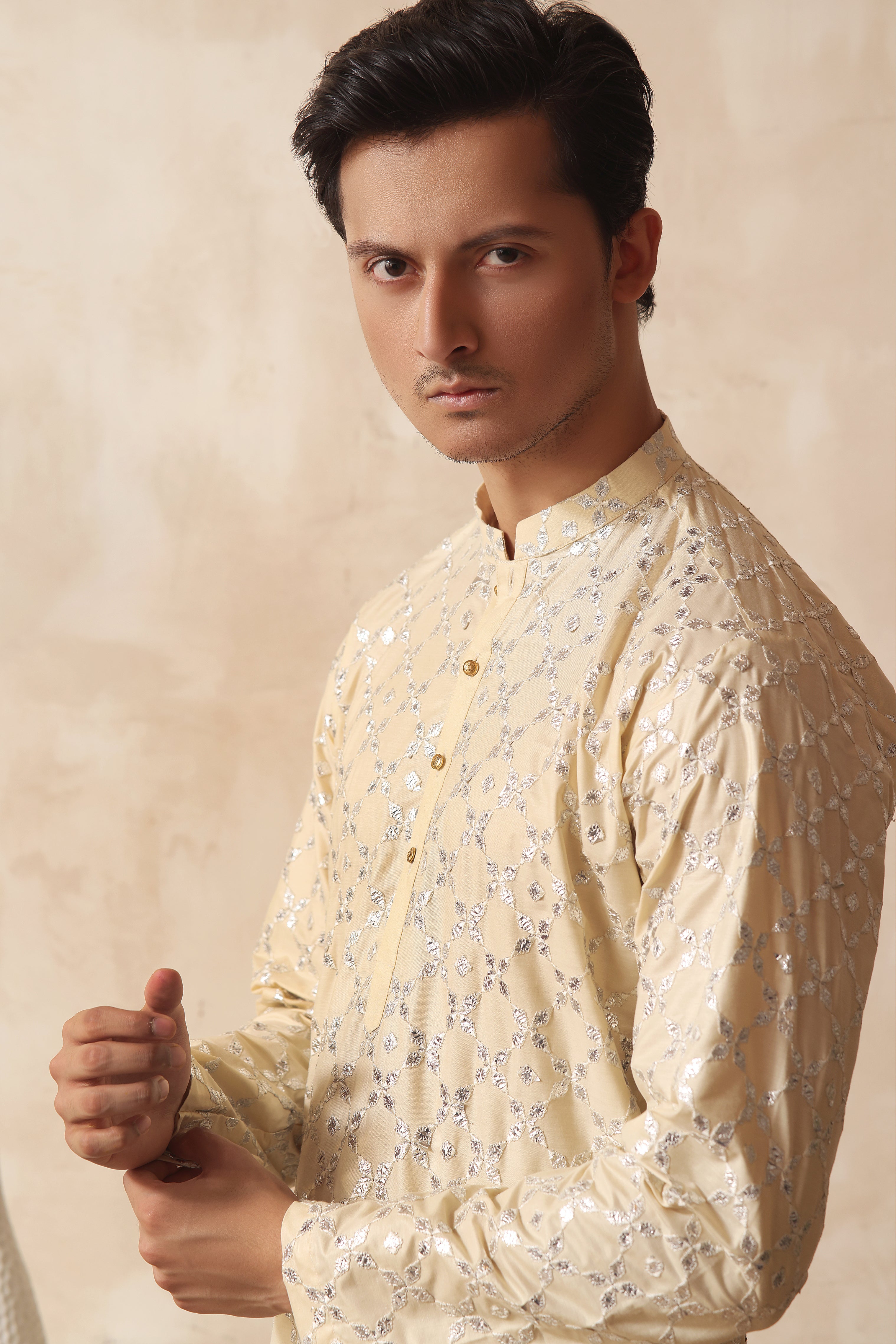 Light Gold Mirror Embroidered Cotton-Silk Kurta Pajama (2-Piece) - Image 2