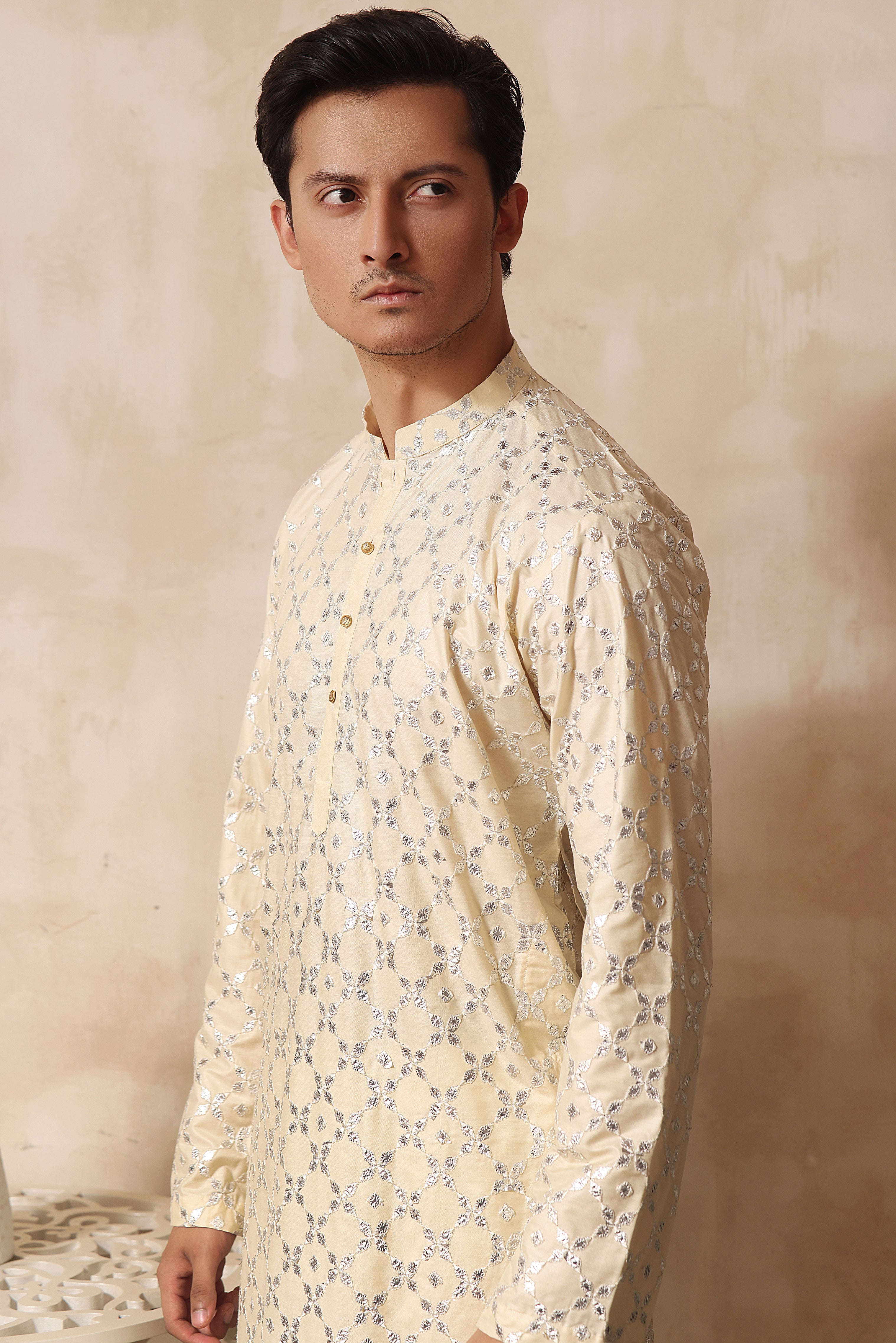 Light Gold Mirror Embroidered Cotton-Silk Kurta Pajama (2-Piece) - Image 3