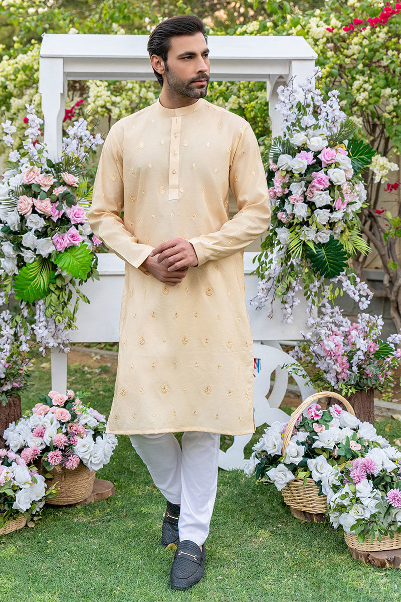 Golden Embroidered Cotton-Silk Kurta (2-Piece) - Image 1