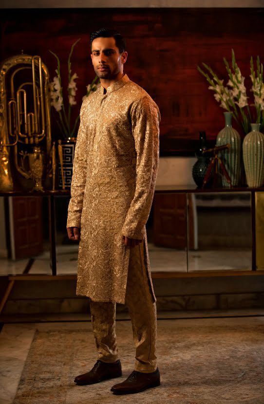 Champagne Hand-Embroidered Organza Kurta (2-Piece) - Image 2