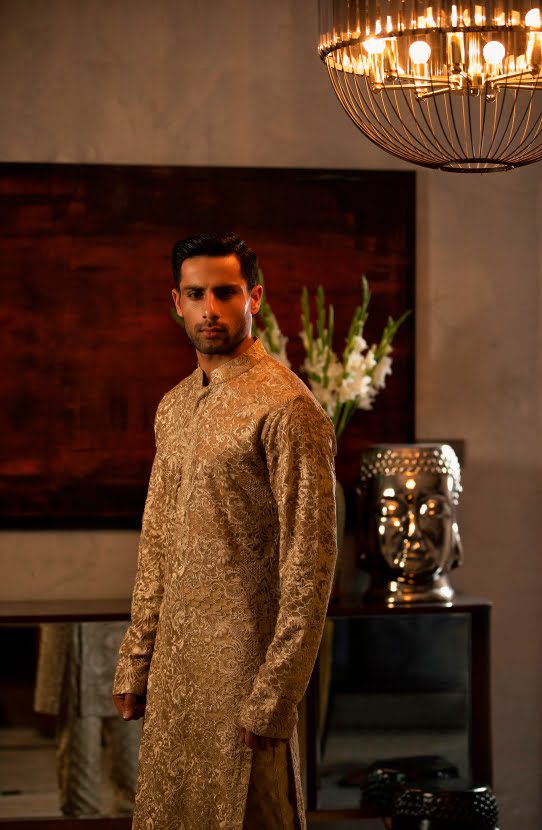 Champagne Hand-Embroidered Organza Kurta (2-Piece) - Image 3