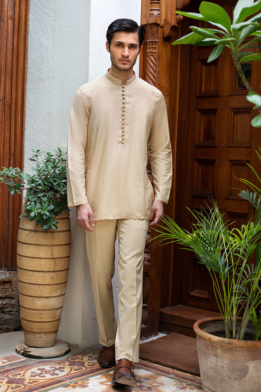 Gold Embroidered Khaadi Silk Kurta Pajama (2-Piece) - Image 1