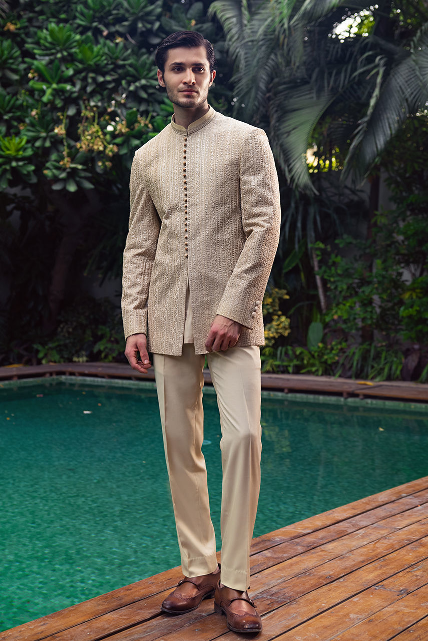 Gold Embroidered Khaadi Silk Kurta Pajama (2-Piece) - Image 2