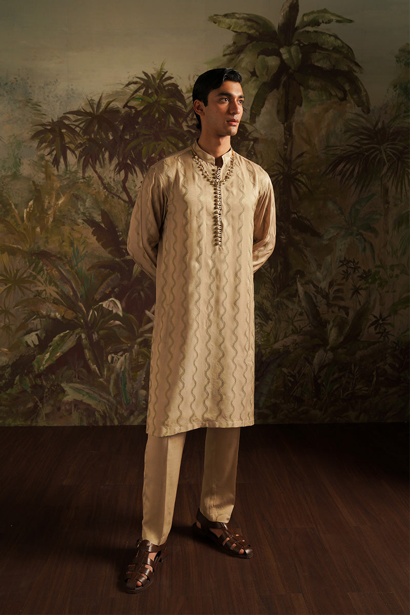 Gold Embroidered Korean Silk Kurta Pajama (2-Piece) - Image 3