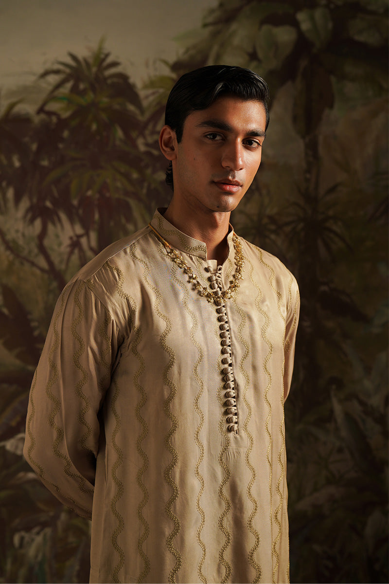Gold Embroidered Korean Silk Kurta Pajama (2-Piece) - Image 1