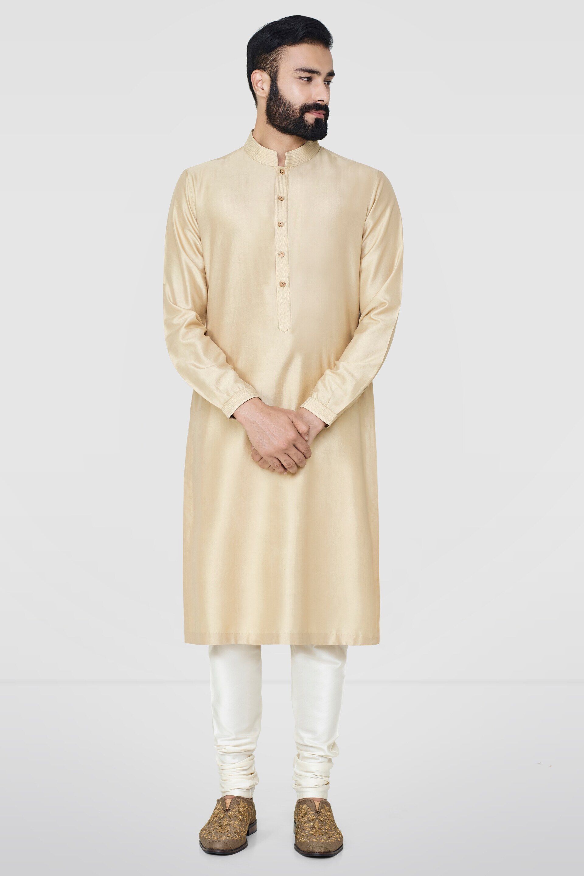 Gold Stitch-Line Silk Kurta (2-Piece) - Image 1