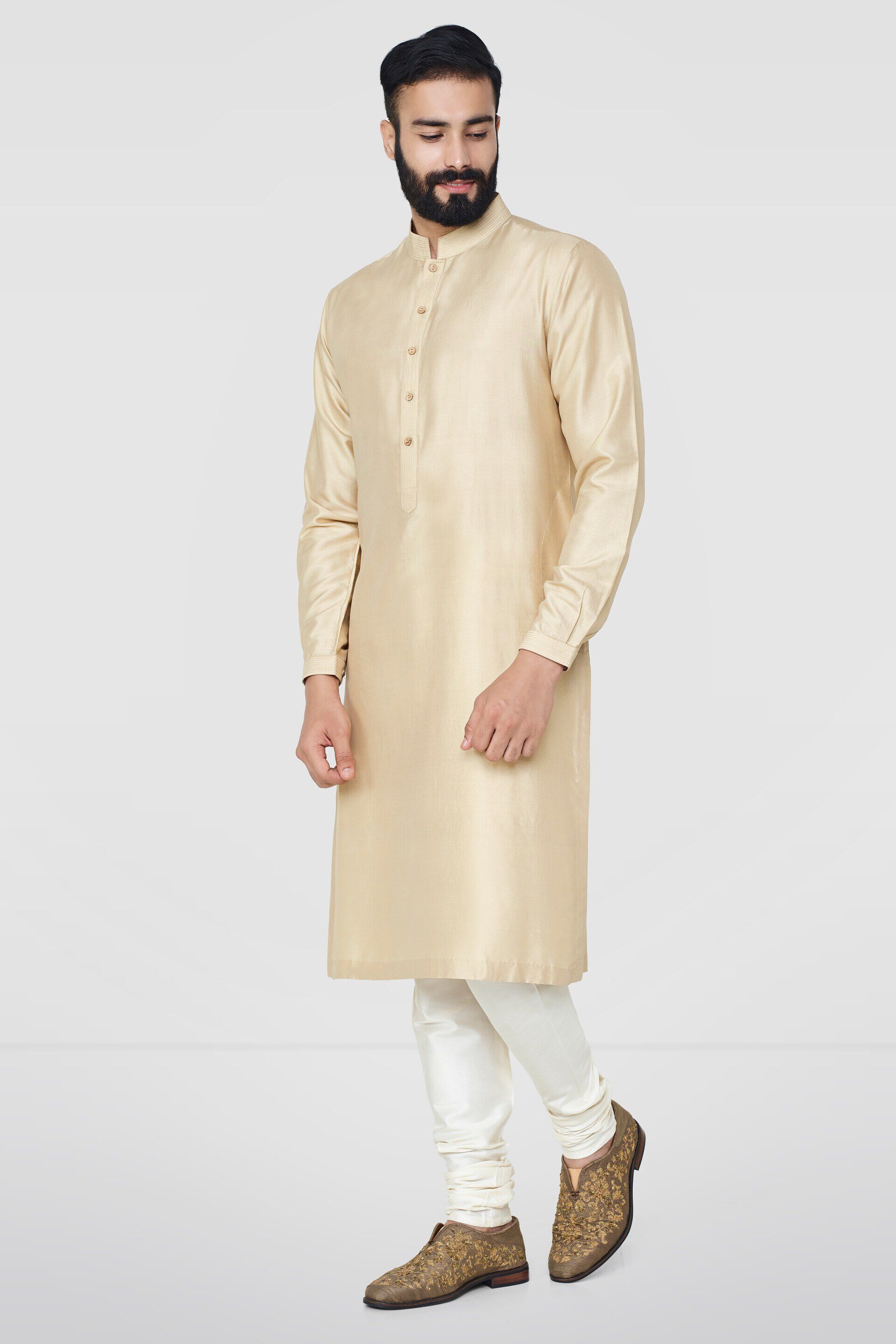 Gold Stitch-Line Silk Kurta (2-Piece) - Image 3