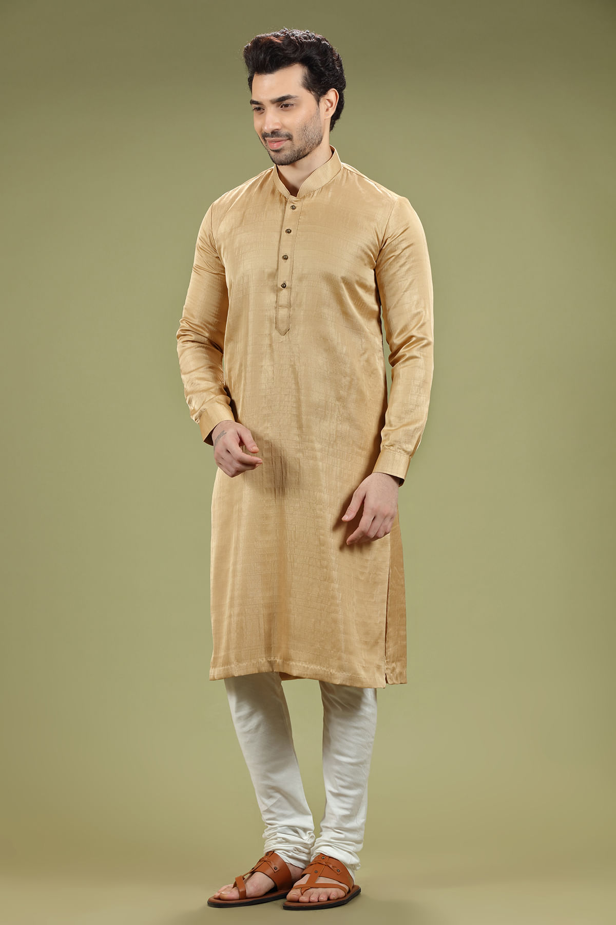 Pale Gold Silk Straight-Cut Kurta Pajama (2-Piece) - Image 1
