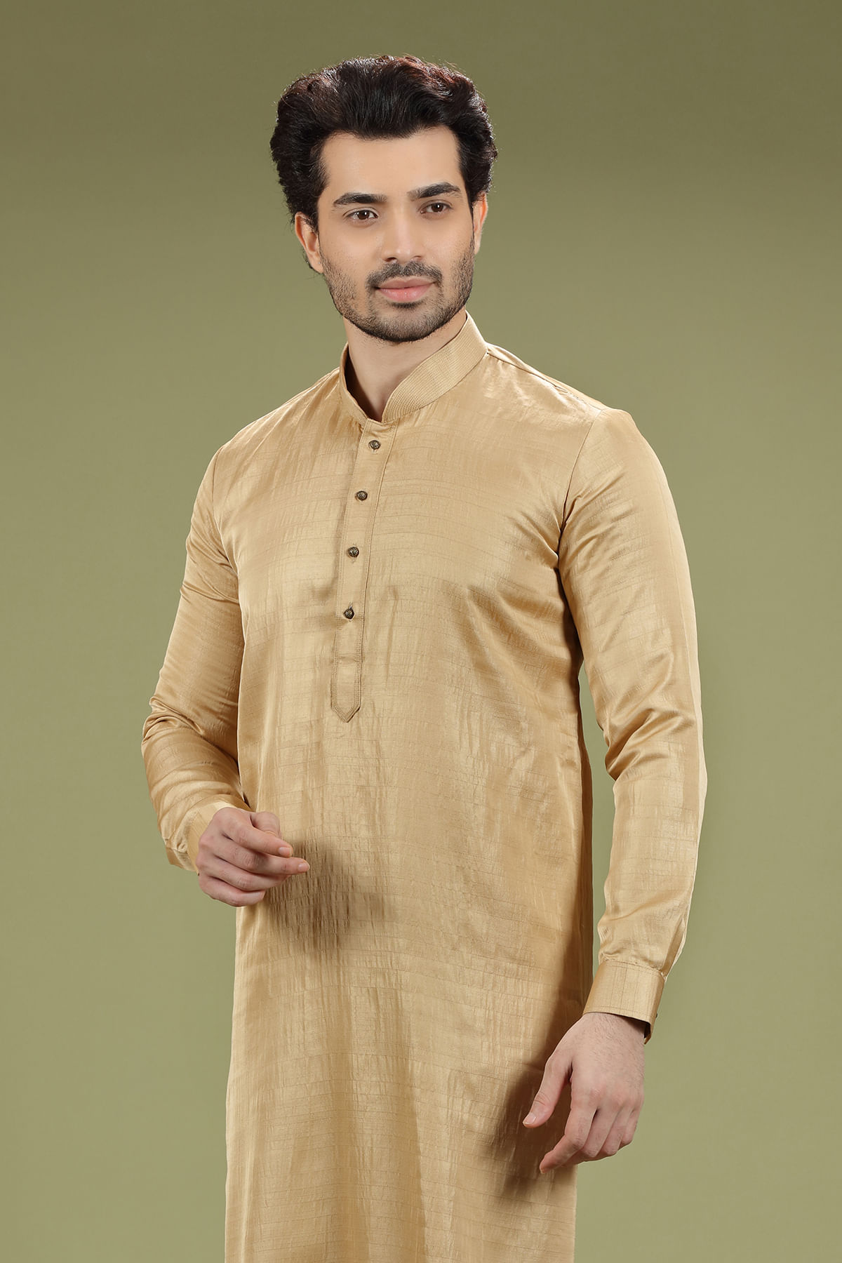 Pale Gold Silk Straight-Cut Kurta Pajama (2-Piece) - Image 2