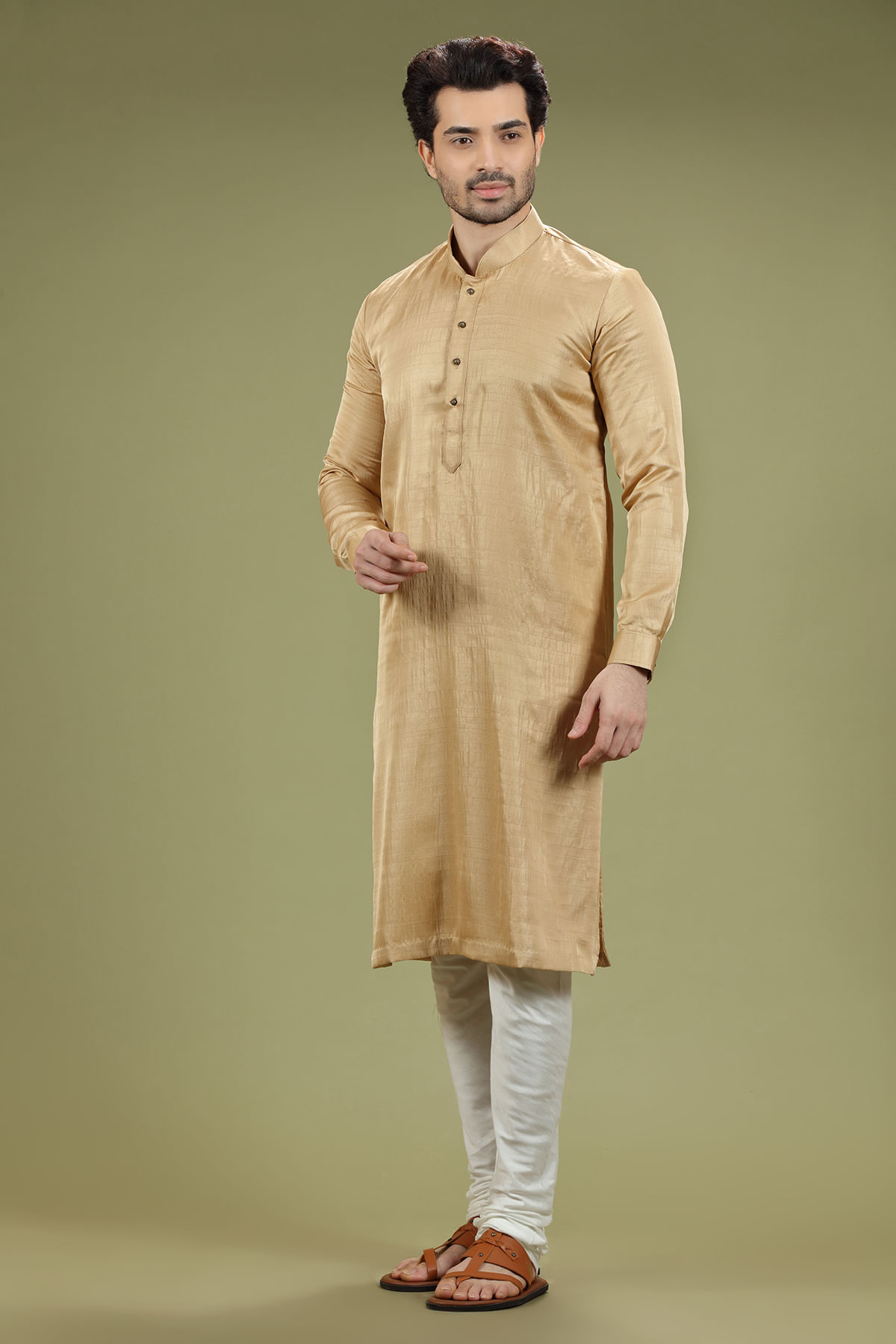 Pale Gold Silk Straight-Cut Kurta Pajama (2-Piece) - Image 3