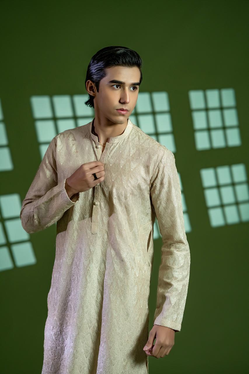 Gold Beige Cross-Stitch Silk Kurta Pajama (2-Piece) - Image 4