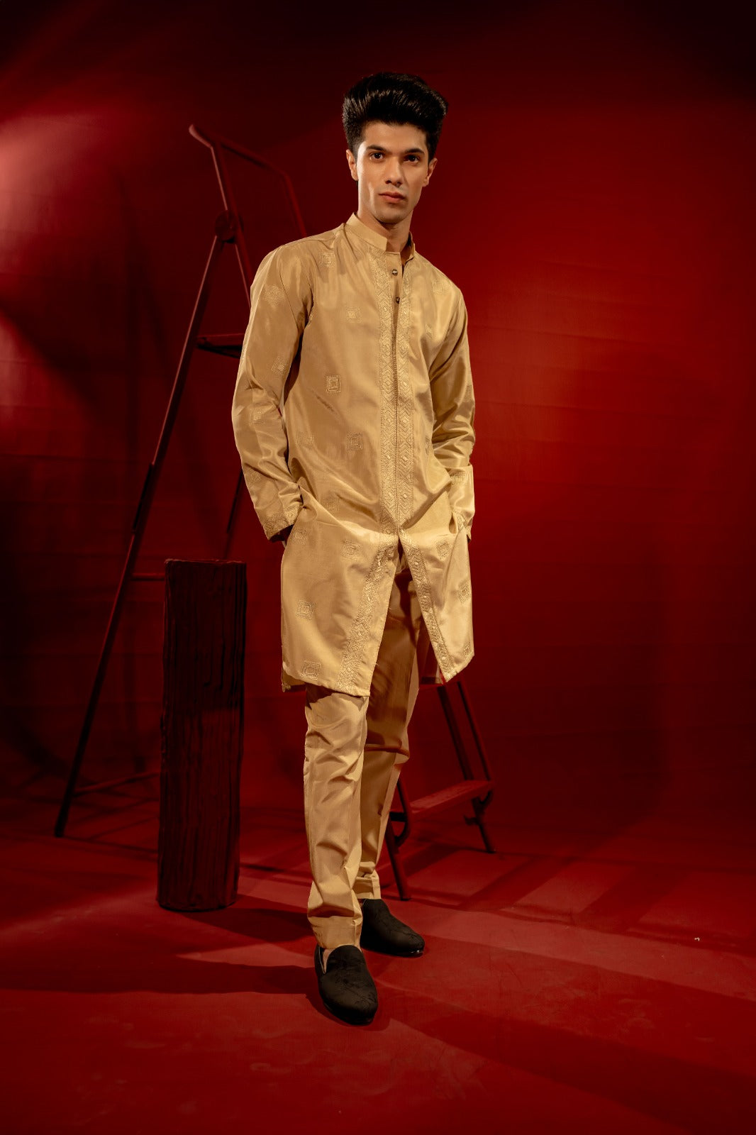 Golden Embroidered Silk Kurta Pajama (2-Piece) - Image 1