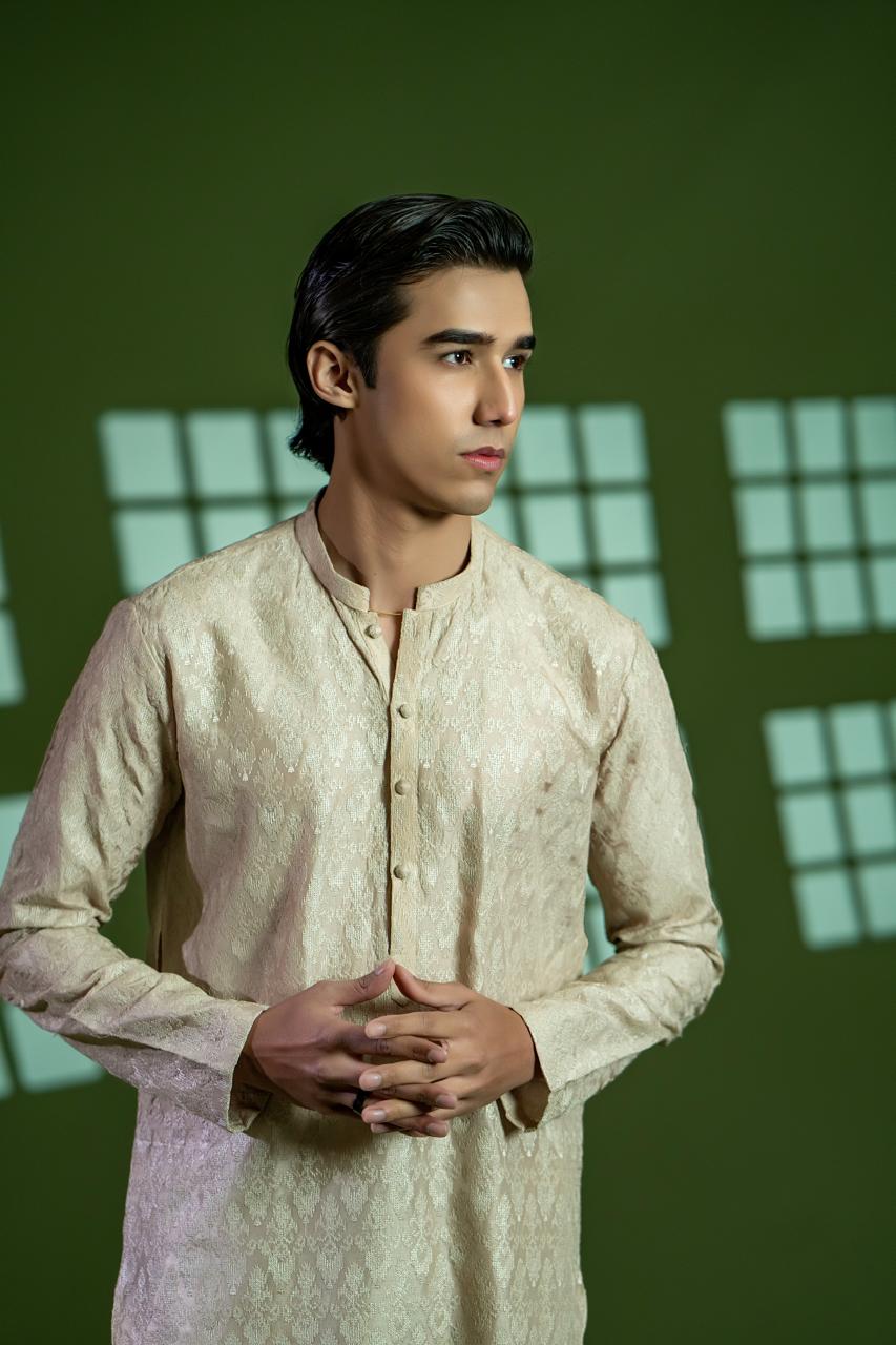 Gold Beige Cross-Stitch Silk Kurta Pajama (2-Piece) - Image 3