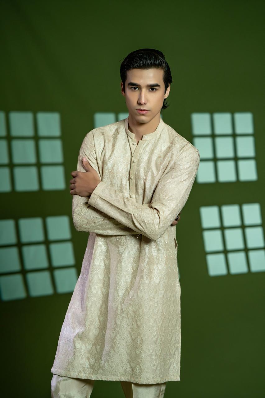 Gold Beige Cross-Stitch Silk Kurta Pajama (2-Piece) - Image 5