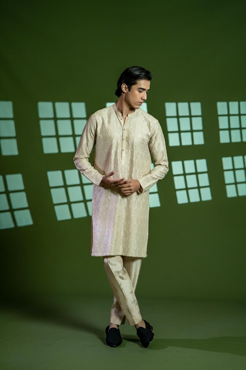 Gold Cross-Stitched Silk Kurta Pajama (2-Piece) - Image 1