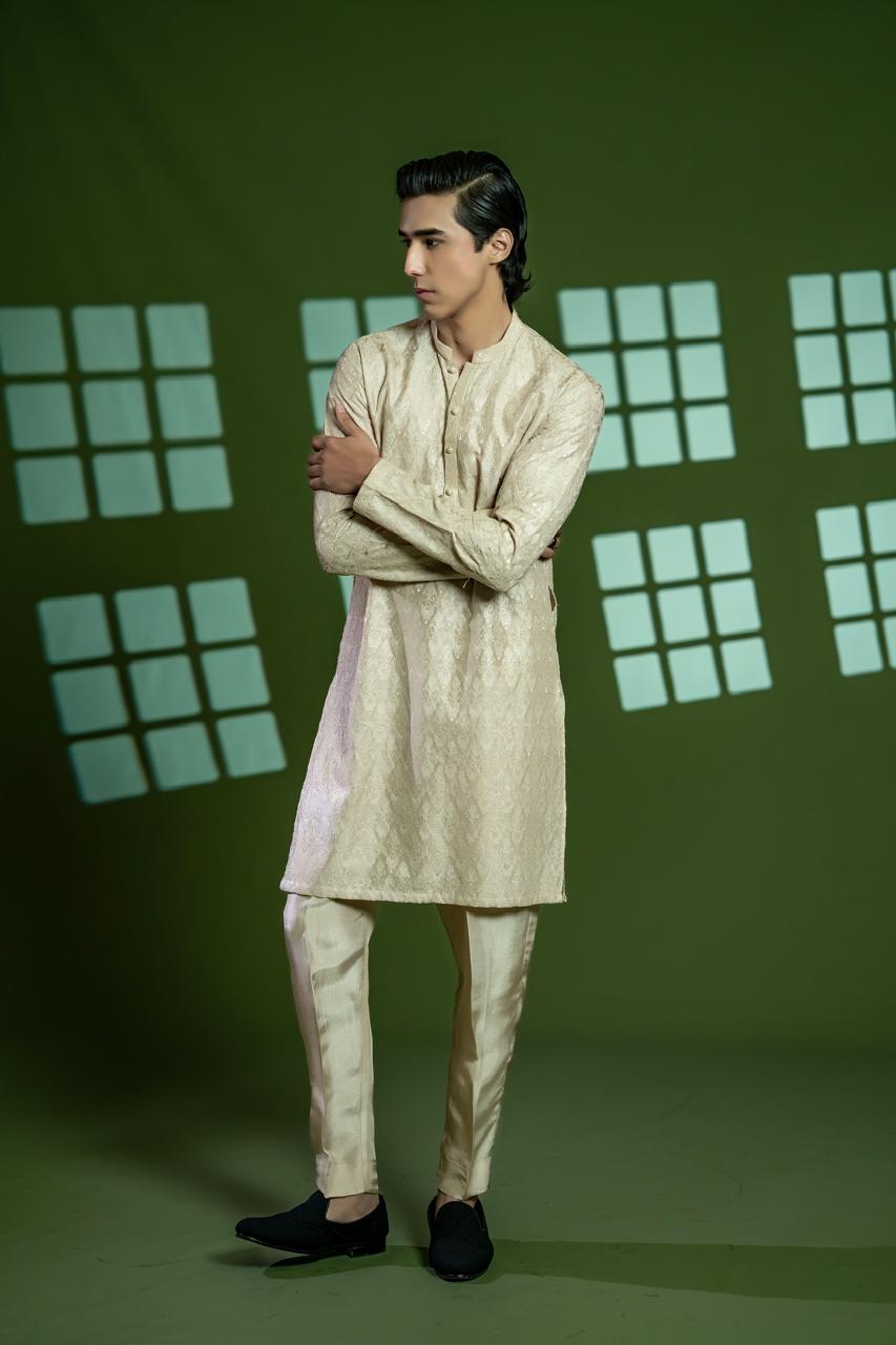 Gold Cross-Stitched Silk Kurta Pajama (2-Piece) - Image 2