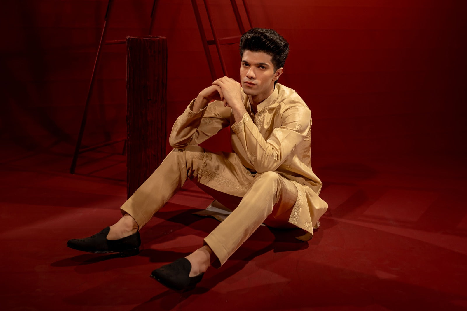 Golden Embroidered Silk Kurta Pajama (2-Piece) - Image 3