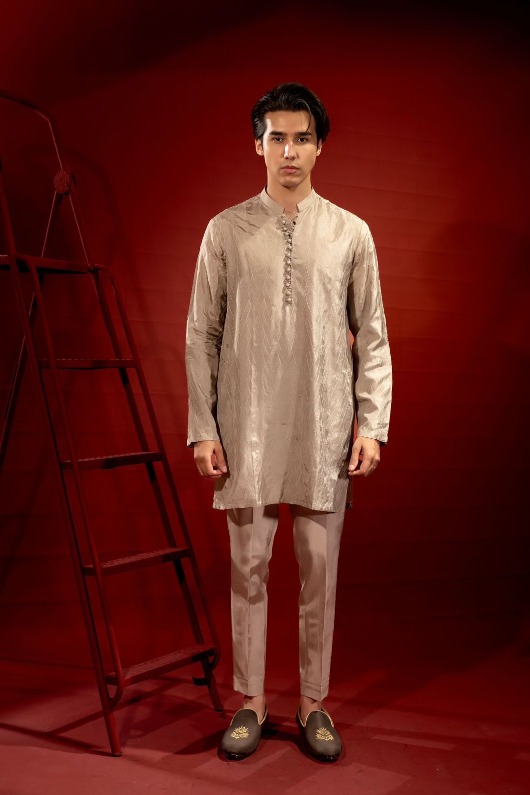 Champagne Self-Textured Kurta Pajama (2-Piece) - Image 1