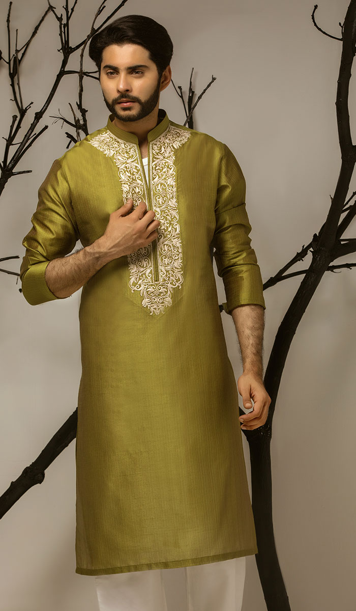 Pearl Gold Embroidered Synthetic Raw Silk Kurta (2-Piece) - Image 1