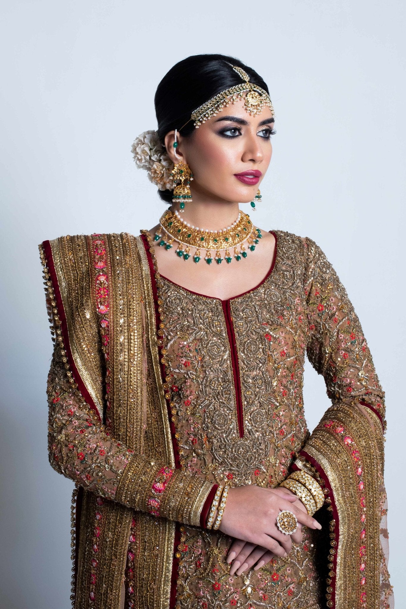 Antique Gold Embroidered Tissue Lehenga Set (3-Piece) - Image 3