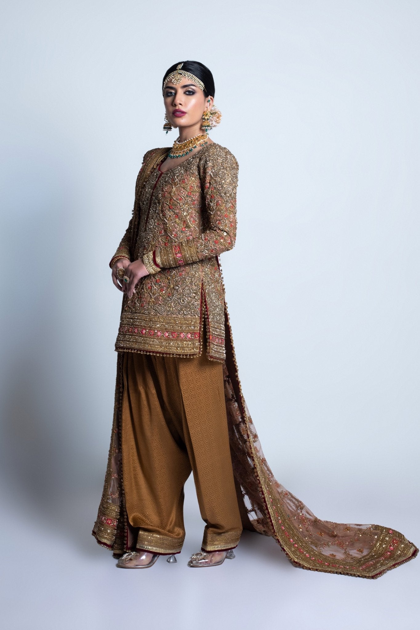 Antique Gold Embroidered Tissue Lehenga Set (3-Piece) - Image 9