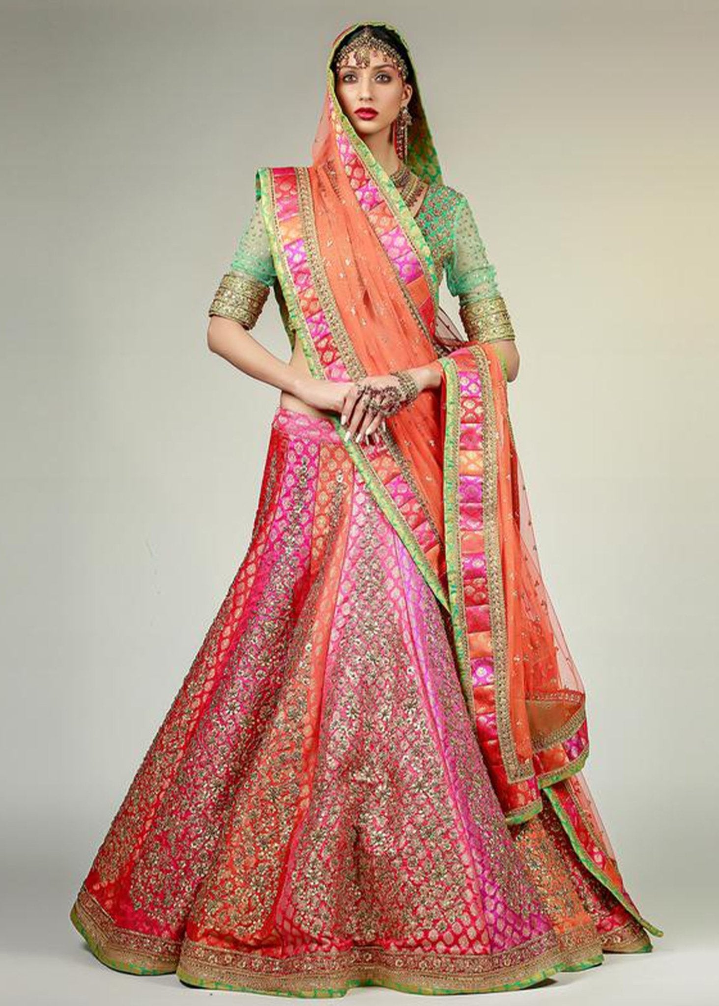 Gold Multicolour Banarasi Jamawar Lehenga Set (3-Piece) - Image 1