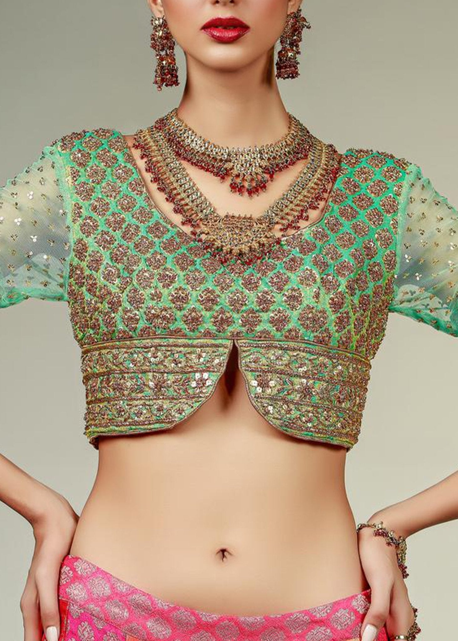 Gold Multicolour Banarasi Jamawar Lehenga Set (3-Piece) - Image 3